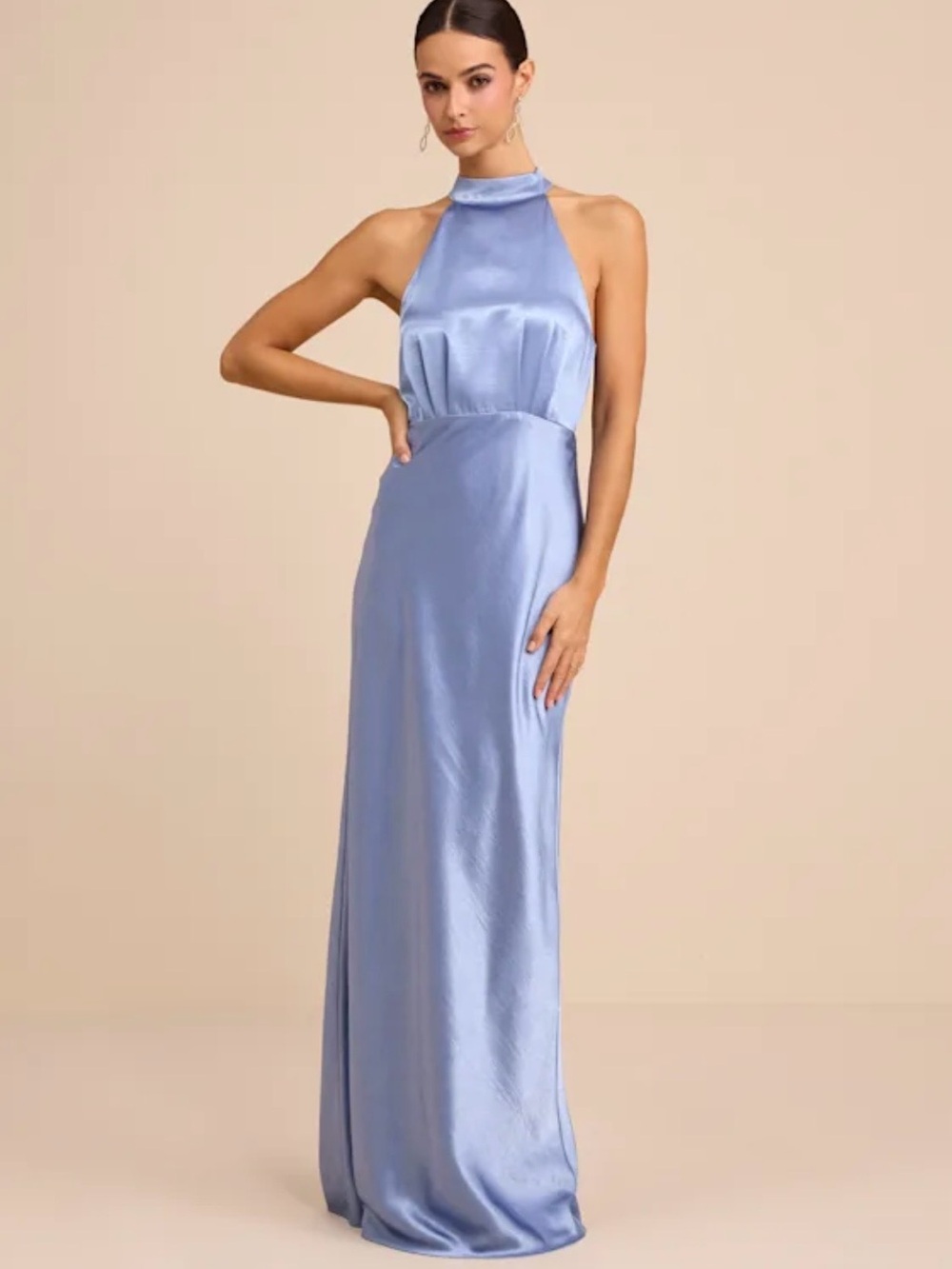 Lulu's Satin Halter Maxi Gown in Light Blue